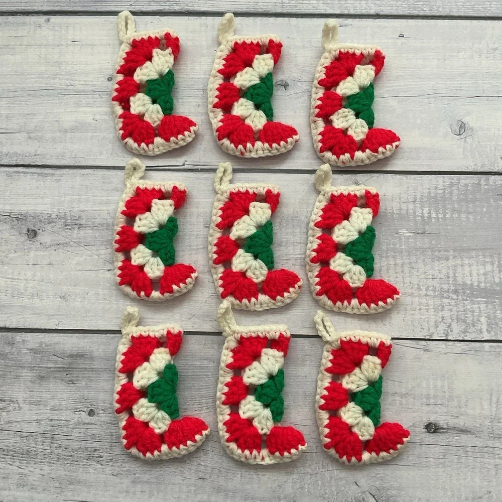 Granny‎ Square Mini Stocking Christmas Ornaments Lot Of 9 Handmade